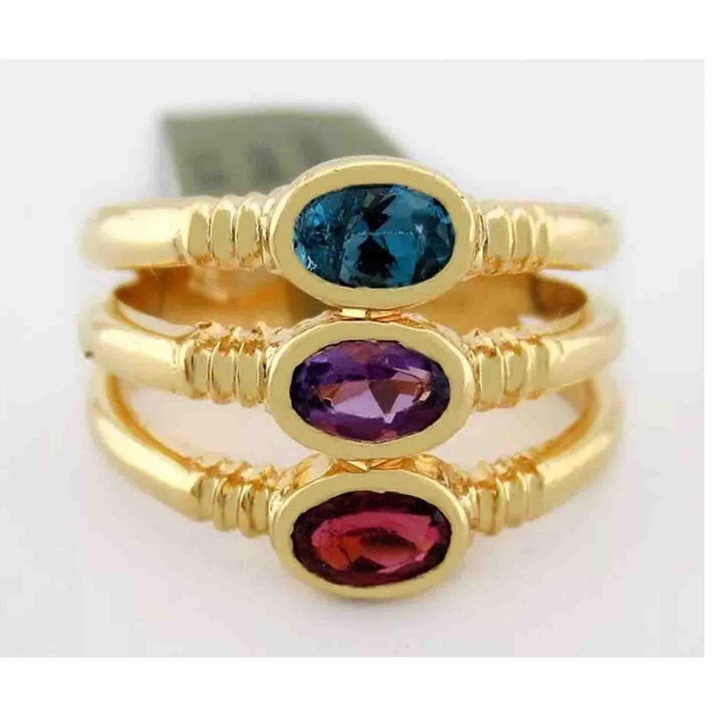 Genuine Blue Topaz, Amethyst & Garnet Ring 14k Yellow Gold